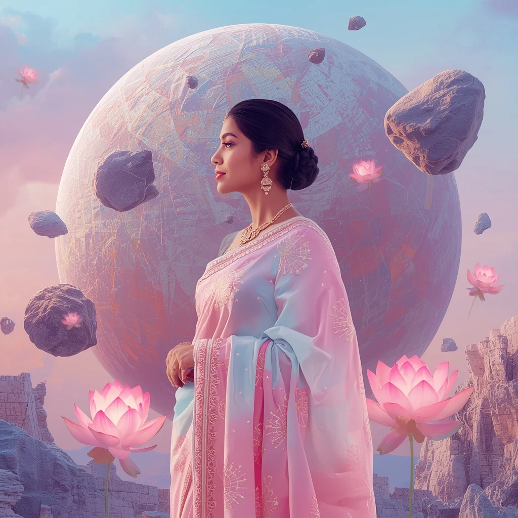 Festive Pastel Saree Orbiting Asteroid-Belt Lotus Collage Modern Cinematic | Trending Prompt - Girl Prompt