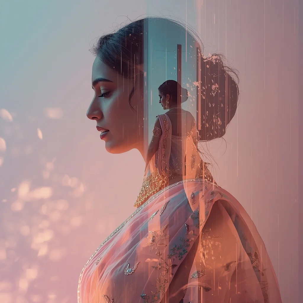 Festive Pastel Saree Poetic Artistic Double Exposure Dream Loop Collage | Reflection Prompt | Indian Bride Saree Ai Prompt - Girl Prompt