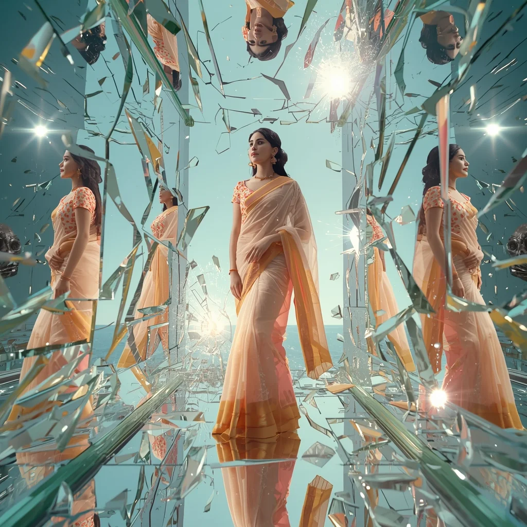 Festive Pastel Saree Quantum Glass Mirror Energy Collapse Collage | Indian Girl Reflection Shatter Power Fusion Aesthetic Cinematic Viral Prompt | Saree Prompt For Women - Girl Prompt