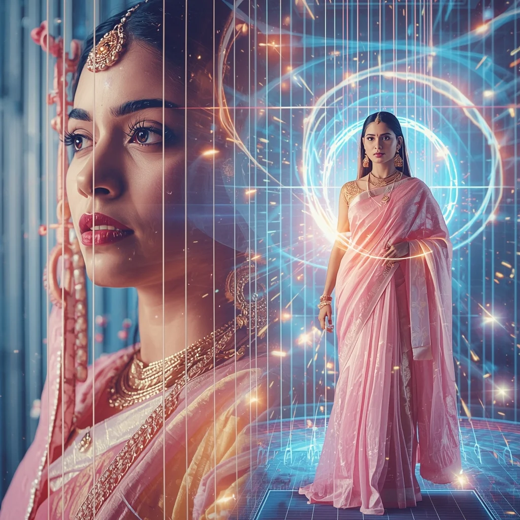 Festive Pastel Saree Quantum Magnetic Grid Tornado Collage | Hyper Futuristic Prompt | Desi Saree Ai Prompt - Girl Prompt