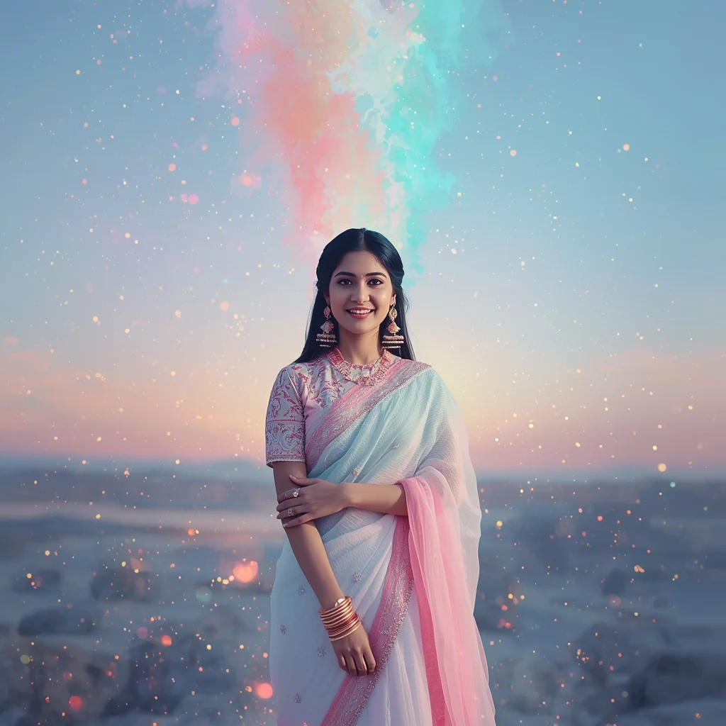 Festive Pastel Saree Reverse-Gravity Bioluminescent Ash Collage Dream Cinematic | Saree Pose Ai Prompt - Girl Prompt