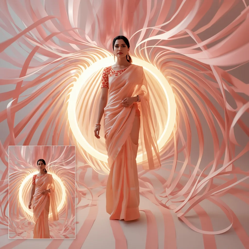 Festive Pastel Saree Ribbon Halo Collage | Indian Girl Flow Depth Aesthetic Soft Cinematic Viral Prompt | Saree Couple Ai Prompt - Girl Prompt