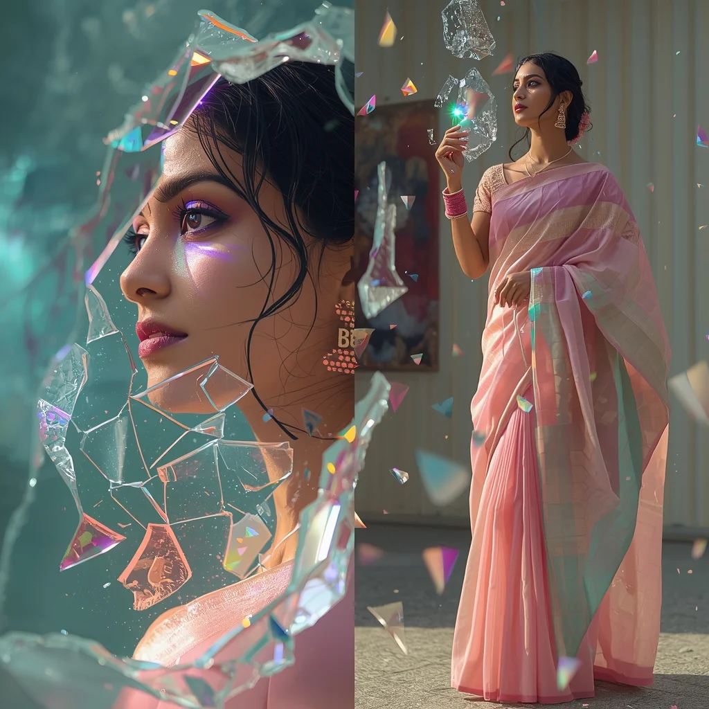 Festive Pastel Saree Shattered Stained Glass Collage | Indian Girl Mosaic Prism Aesthetic Cinematic Viral Prompt | Saree Ai Prompt - Girl Prompt