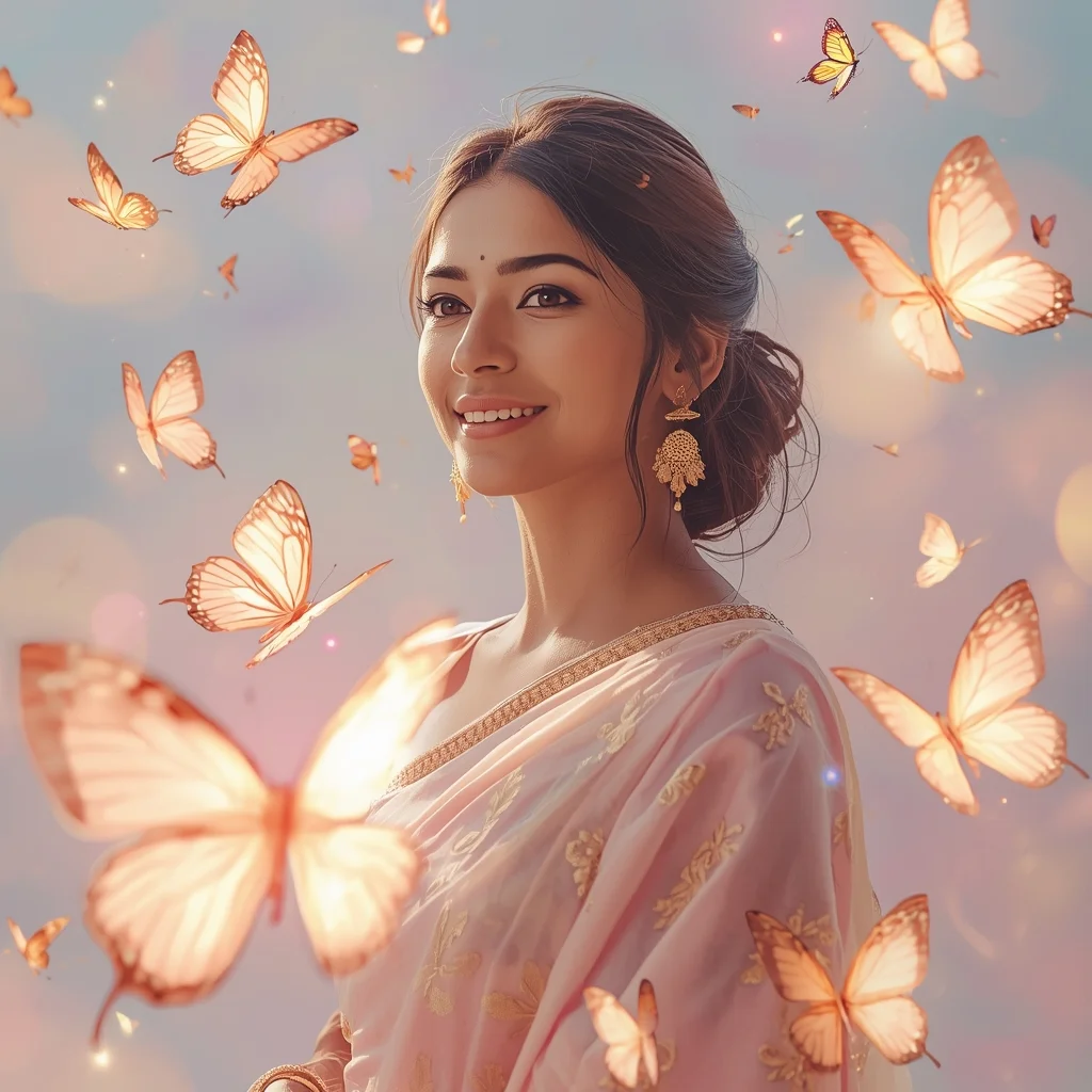 Festive Pastel Saree Soft Glow Dream Floating Butterflies Collage Dream Cinematic | Saree Prompt Seen - Girl Prompt