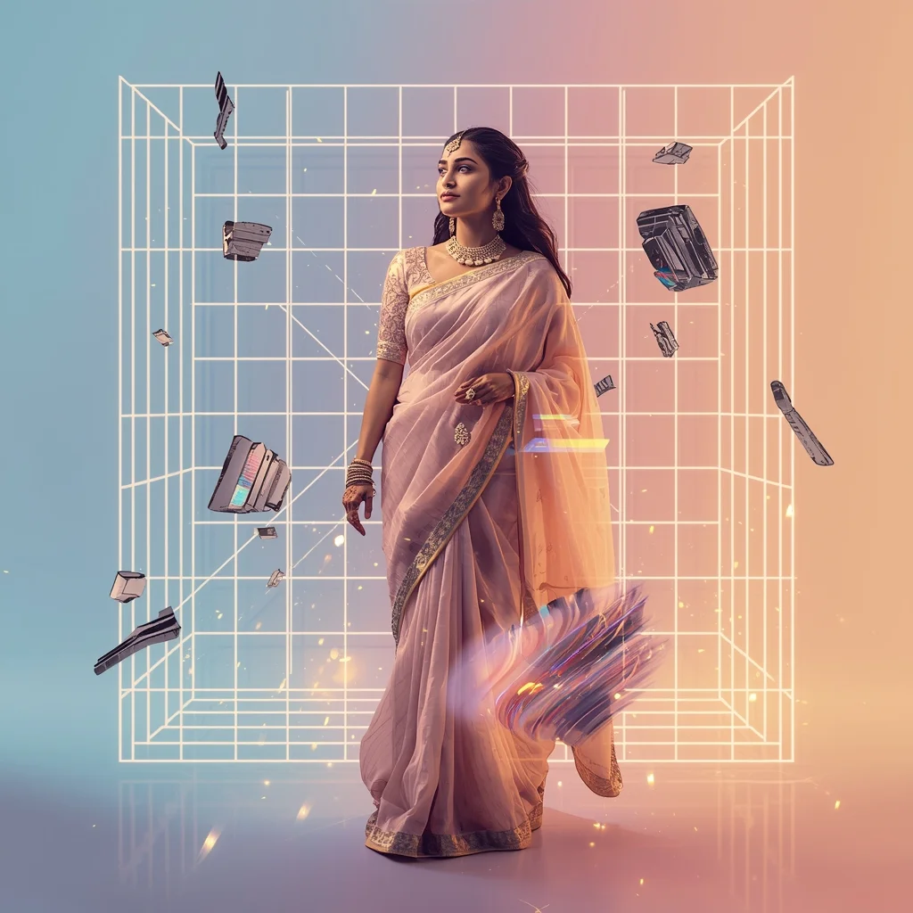 Festive Pastel Saree Supreme Quantum Magnetic Grid Tornado Collage | Hyper Advanced Prompt | Saree Selfie Ai Prompt - Girl Prompt