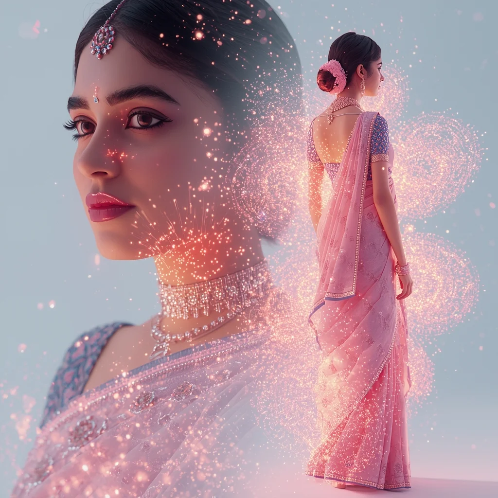 Festive Pastel Saree Surreal 3D Particle Matrix Collage | Indian Girl Code Realm Aesthetic Cinematic Viral Prompt | Modern Saree Ai Prompt - Girl Prompt