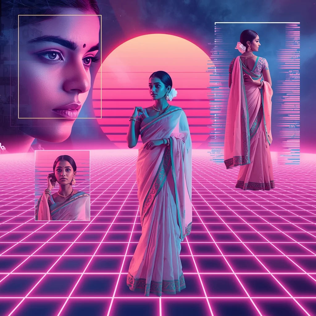 Festive Pastel Saree Synthwave Grid Collage | Indian Girl Retro-Futuristic Aesthetic Cinematic Viral Prompt | Saree Traditional Ai Prompt Indian Culture - Girl Prompt