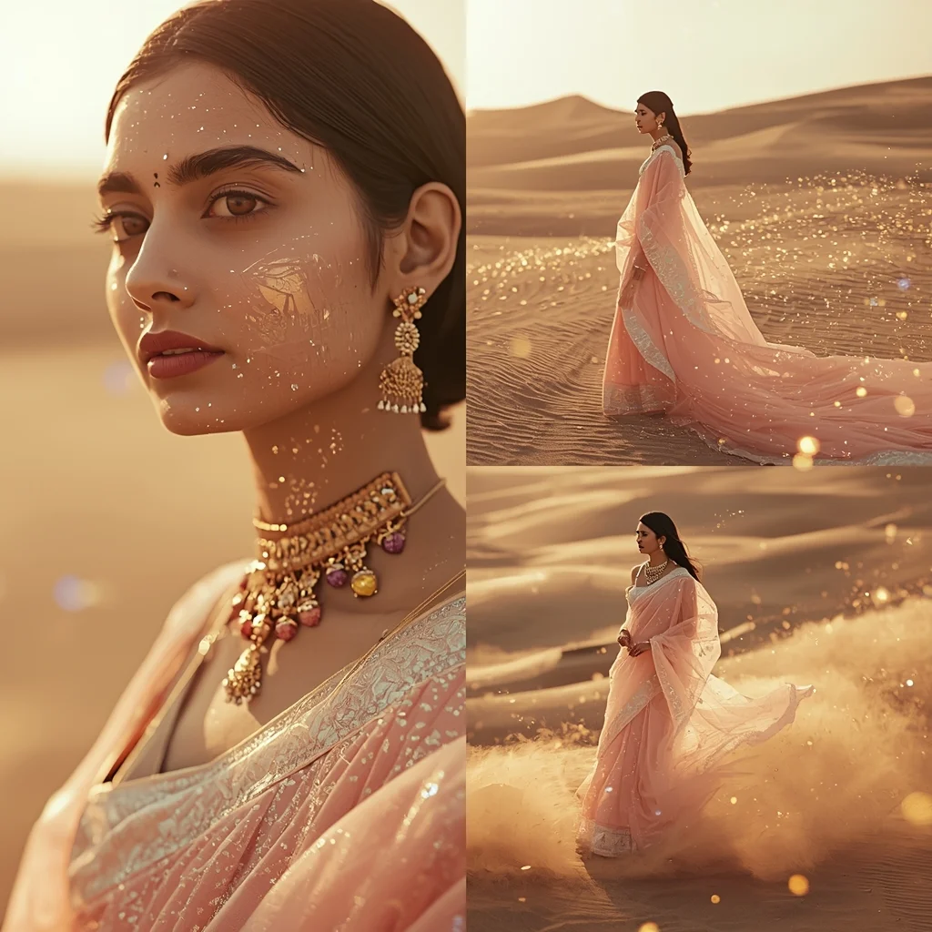 Festive Pastel Saree Time Echo Desert Collage | Temporal Mirage Luxury Prompt | Gemini Ai Prompt Saree Copy Paste - Girl Prompt