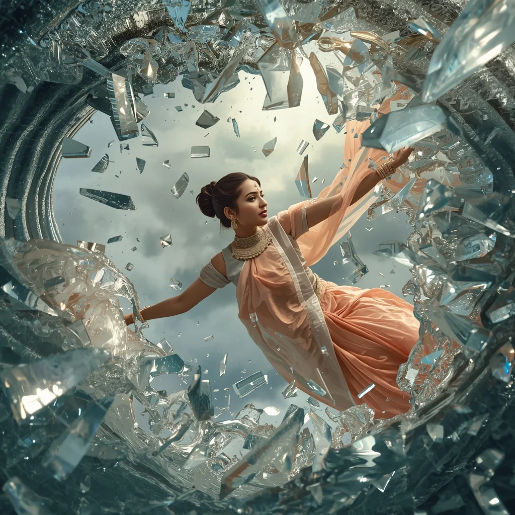 Festive Pastel Saree Zero-Gravity Molten Glass Wave Collapse Collage | Transparent Cataclysm Empress Prompt | Gemini Saree Ai Photo Prompt - Girl Prompt
