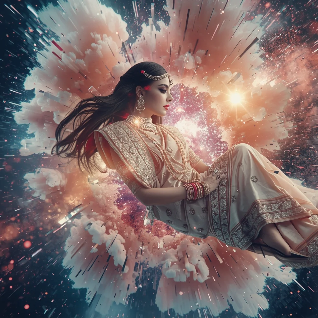 Festive Pastel Saree Zero-Gravity Supernova Particle Burst Dimension Collage Luxury Cinematic | Aesthetic Saree Ai Prompt - Premium Art AI Image Prompt