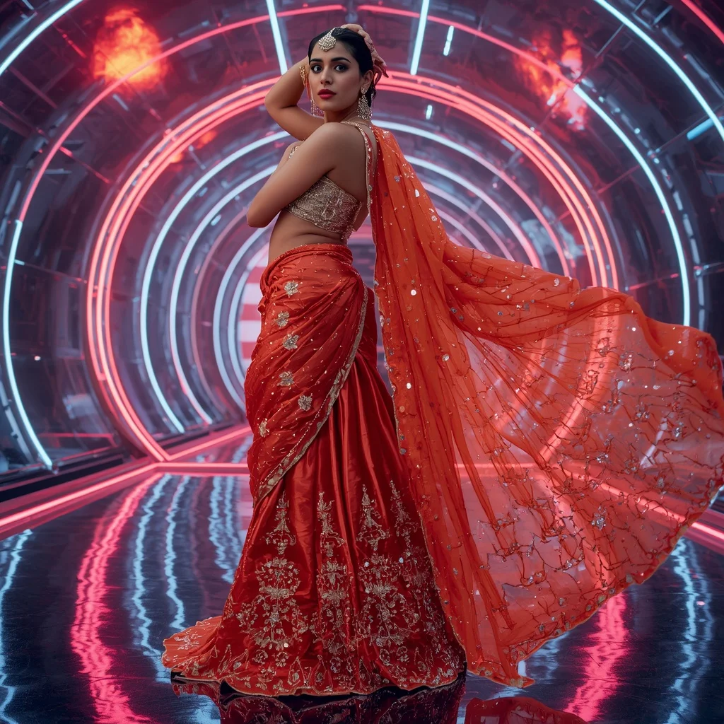 Fire Lotus Empress Saree with Quantum Neon Orbit Dome | Viral Prompt - Girl Prompt