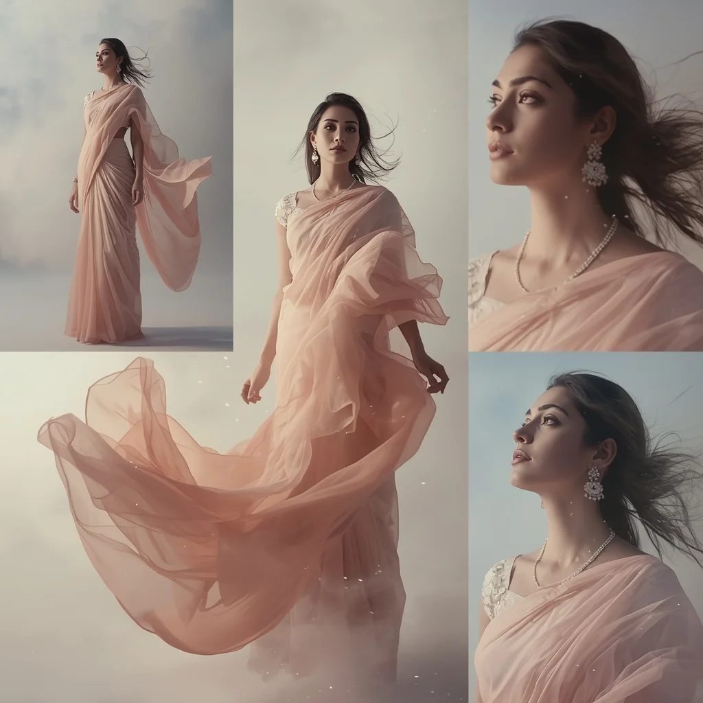 Floating Fabric Dream Saree Collage Surreal Motion Artistic Cinematic Style | Wedding Saree Ai Prompt - Girl Prompt