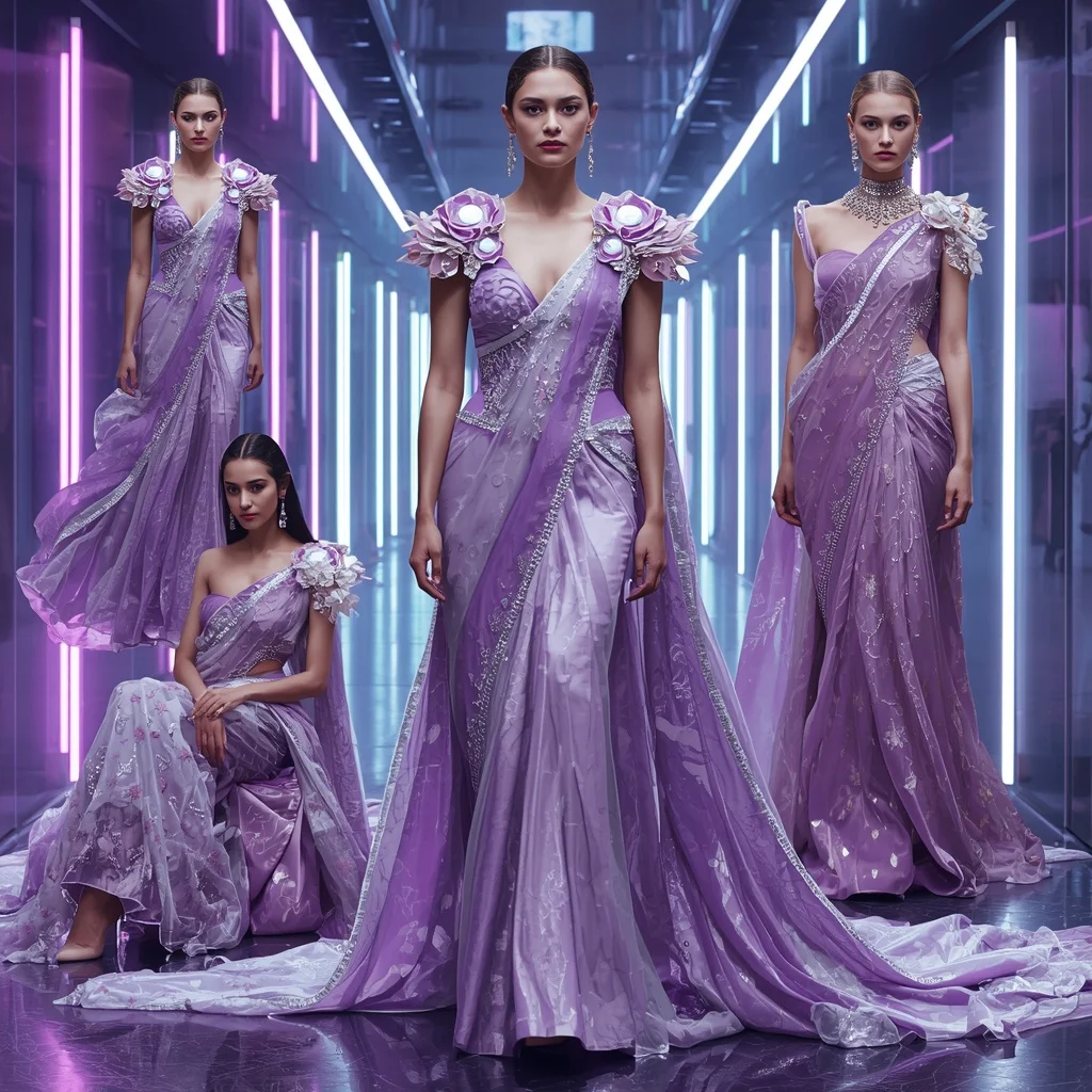 Frosted Orchid Symphony Saree with Floating Neon Hallways | Ai Video Generator Prompt - Girl Prompt