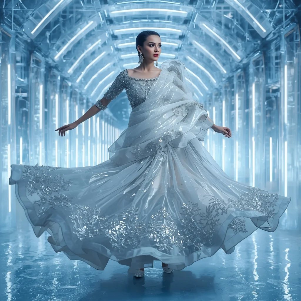 Frozen Pearl Festival Saree with Neon Ice Chamber | Grok Ai Prompt - Girl Prompt