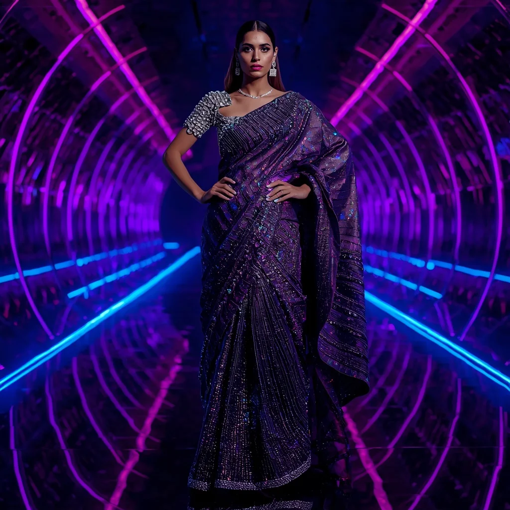 Galaxy Prism Designer Saree with Infinity Reflective Hall | Instagram Viral Photo Ai Prompt - Girl Prompt