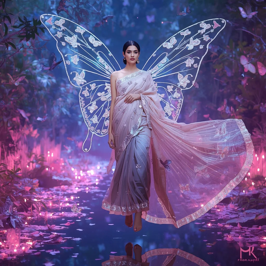 Giant Crystal Butterfly Wing Saree with Floating Neon Garden | Luxury Ai Prompt - Girl Prompt