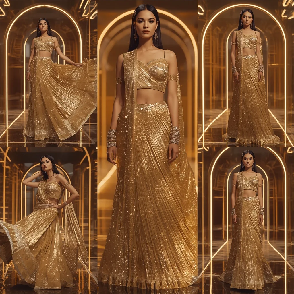 Golden Crystal Royale Saree with Floating Laser Arches | Ai Image Generator Prompt - Girl Prompt