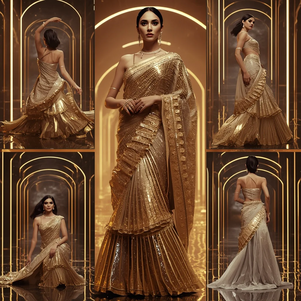 Golden Crystal Royale Saree with Floating Laser Arches | Text To Image Prompt - Girl Prompt