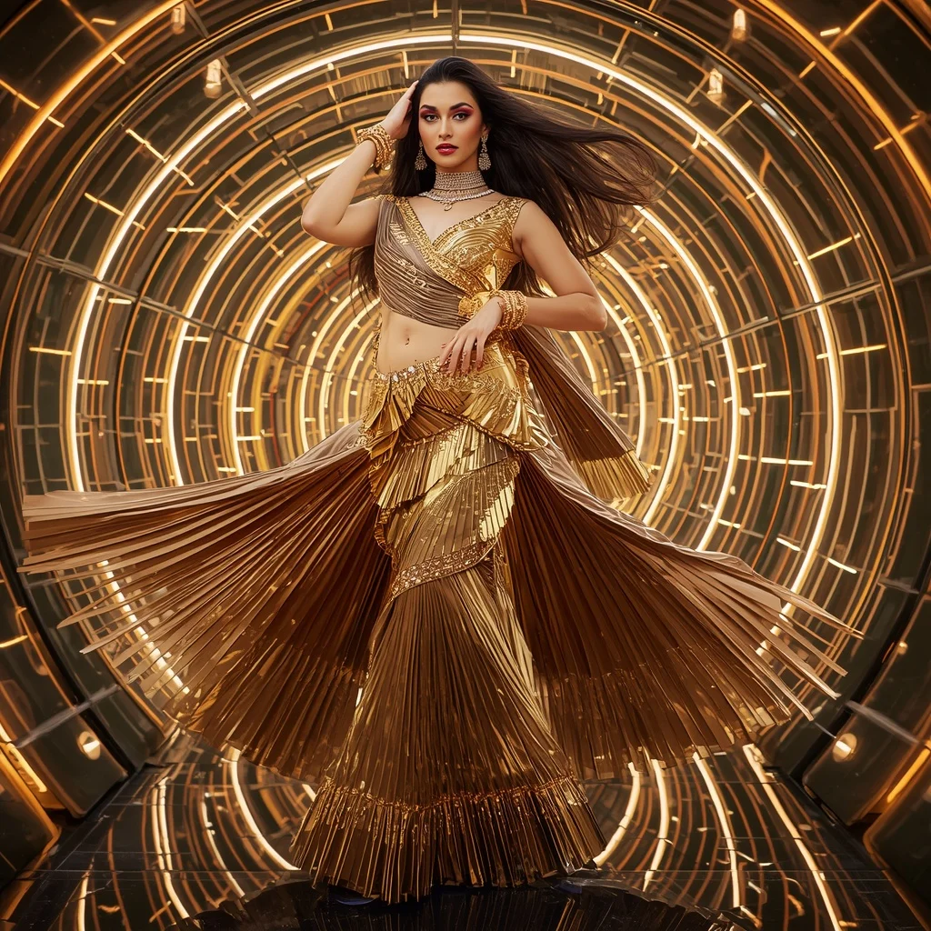 Golden Eclipse Crystal Saree with Neon Spiral Atrium | Realistic Female Photoshoot Ai Prompt - Girl Prompt
