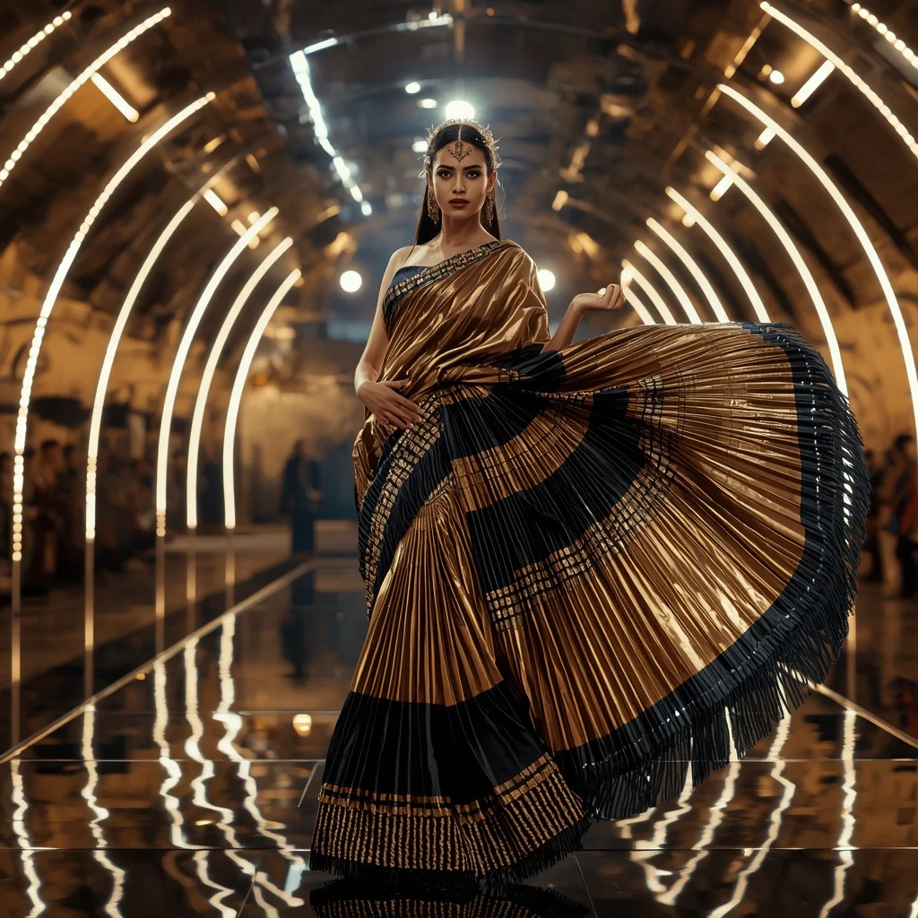 Golden Eclipse Designer Saree with Reflective Dome Hall | Ai Photo Editing Prompt - Girl Prompt