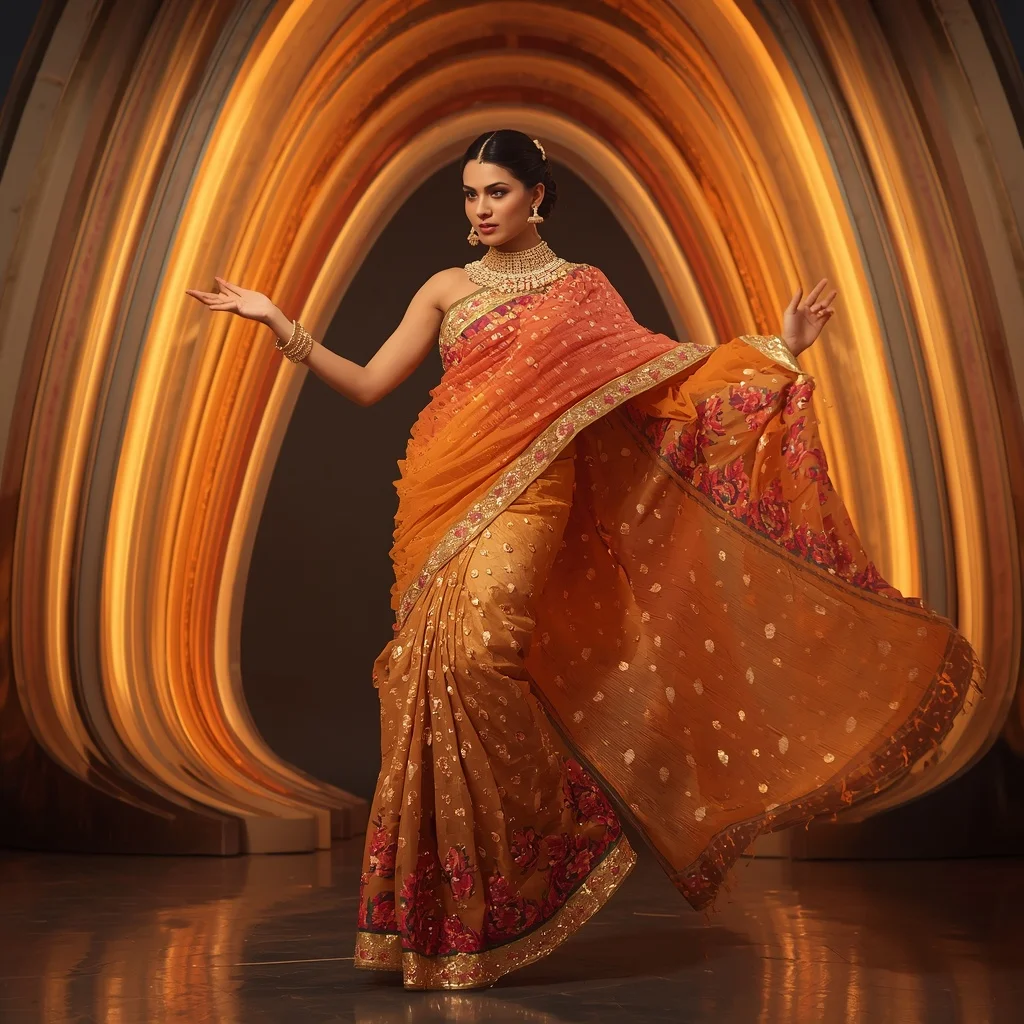 Golden Inferno Maharani Orchid Festival Saree with Solar Infinity Jewel Crown Sanctuary | Indian Bride Saree Ai Prompt - Girl Prompt