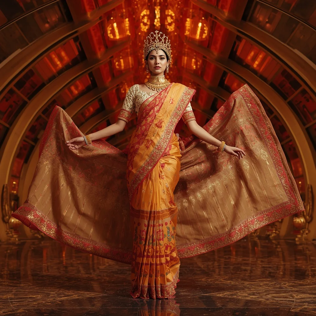 Golden Inferno Omnistarqueen Orchid Festival Saree with Solar Infinity Jewel Crown Zenithara Sanctuary | Instagram Highlight Cover Ai Prompt - Girl Prompt