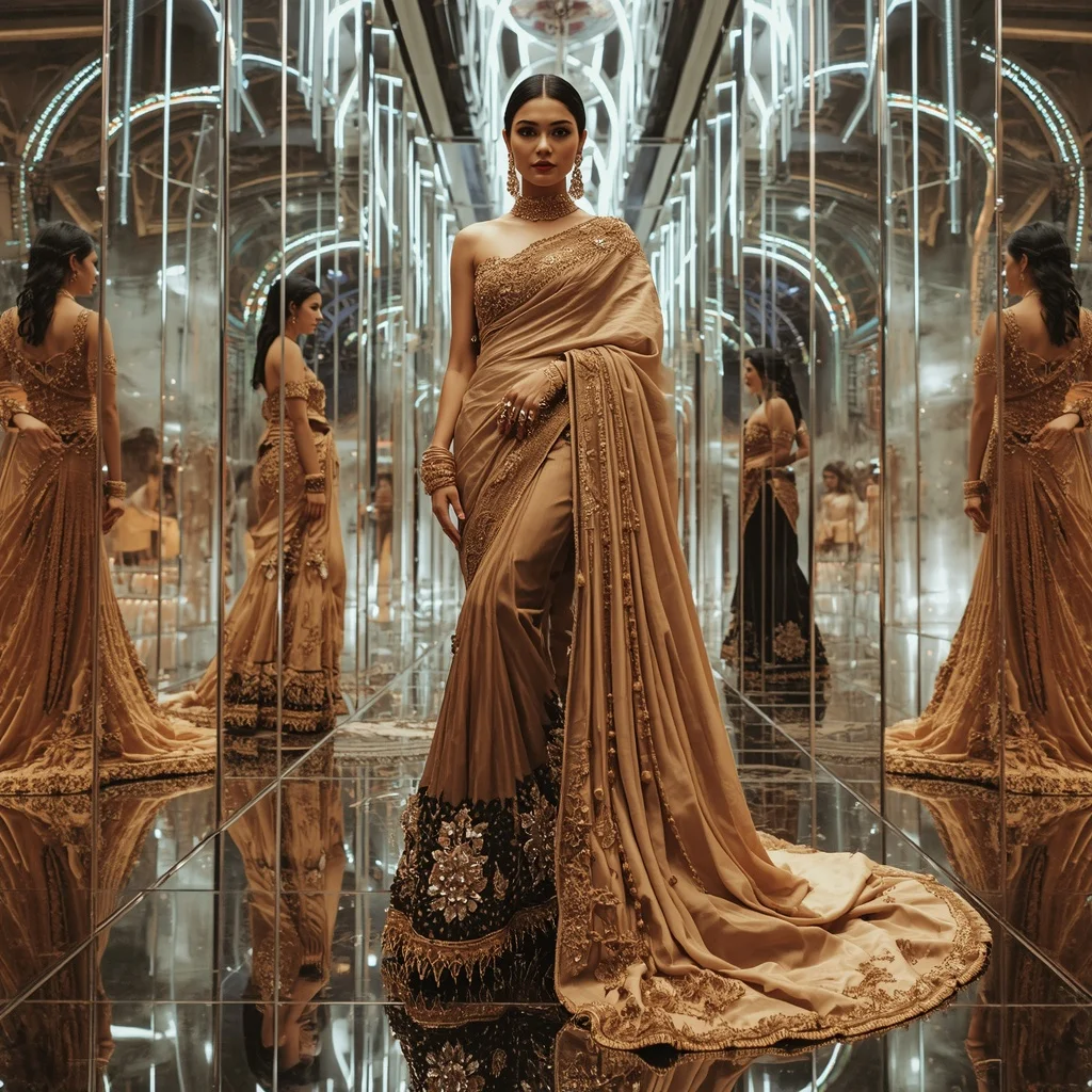 Golden Prism Empress Saree with Floating Mirror Cathedral Infinity Universe | Ai Gemini Prompt - Girl Prompt