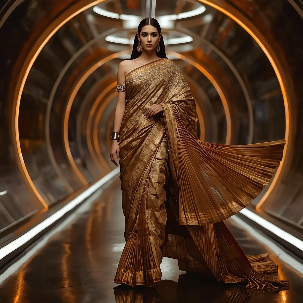 Golden Storm Metallic Saree with Futuristic Spiral Hall | Prompt Gemini - Girl Prompt