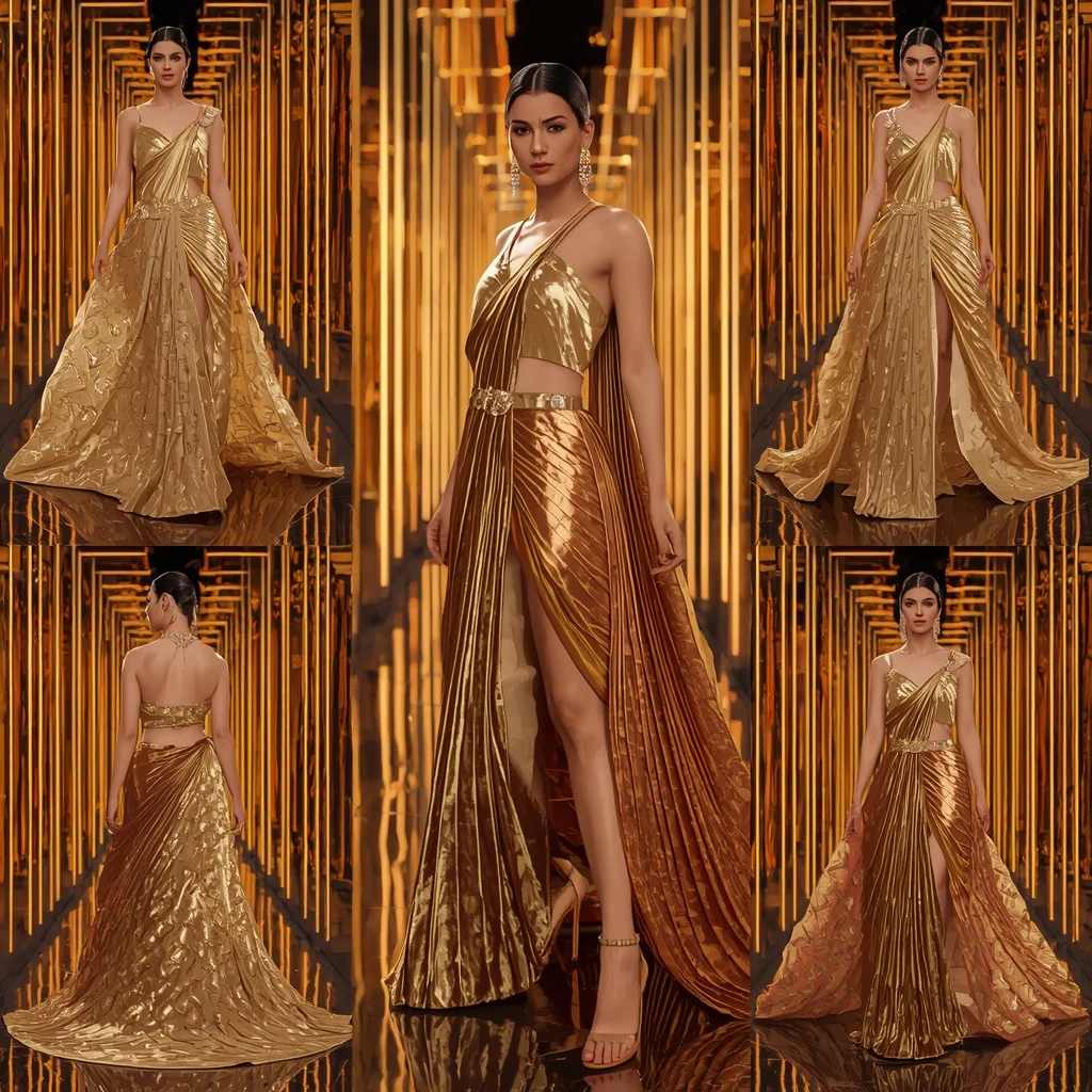 Golden Velvet Fantasy Saree with Neon Reflection Hallways | Fitness Model Ai Prompt - Girl Prompt