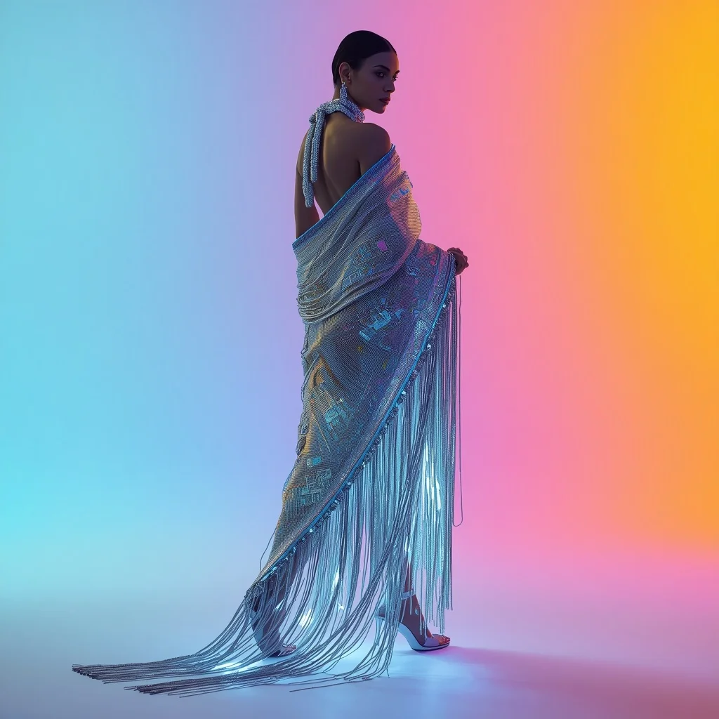 Heavy Cybernetic Circuit Board Saree with Glowing Neon Wire Fringes | Gemini Ai Saree Photo - Girl Prompt
