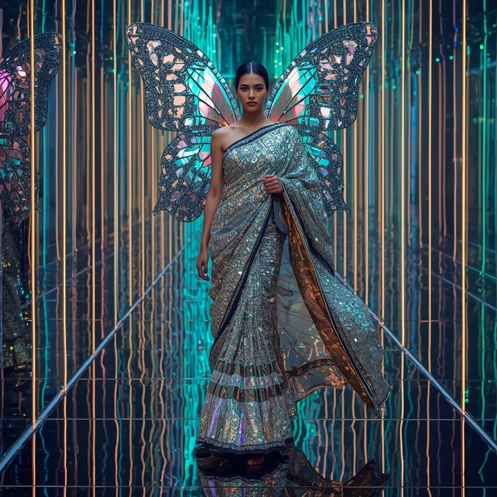 Holographic Butterfly Mirage Saree with Infinity Mirror Room | Best Ai Prompt 2026 - Girl Prompt