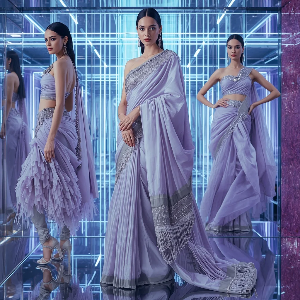 Holographic Moonstone Fusion Saree with Prism Infinity Palace | Gemini Prompt - Girl Prompt