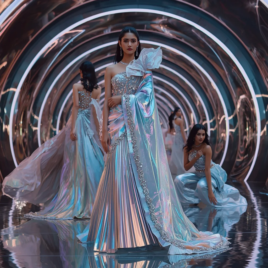 Holographic Royal Mirage Saree with Celestial Neon Infinity Dome | Realistic Ai Prompt - Girl Prompt