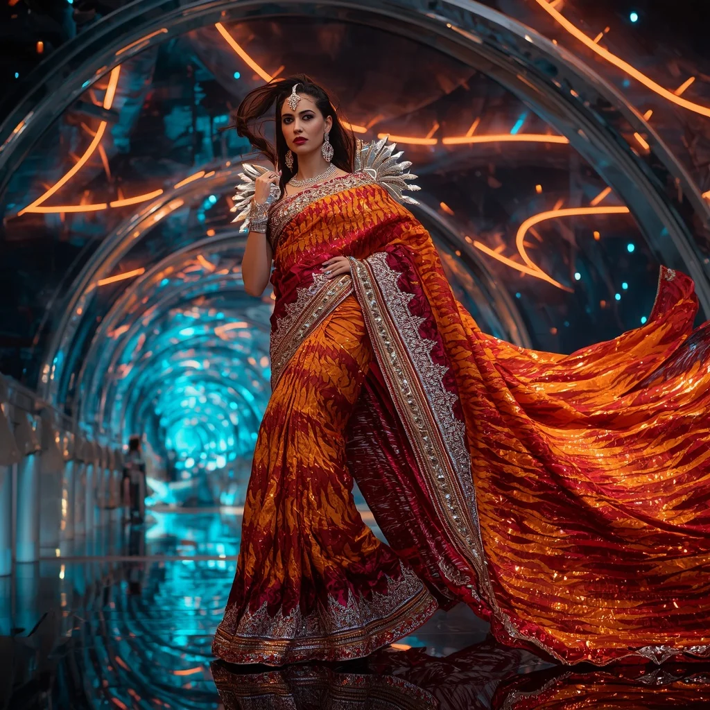 Inferno Prism Empress Saree with Floating Neon Infinity Bridges | Traditional Saree Ai Prompt - Girl Prompt