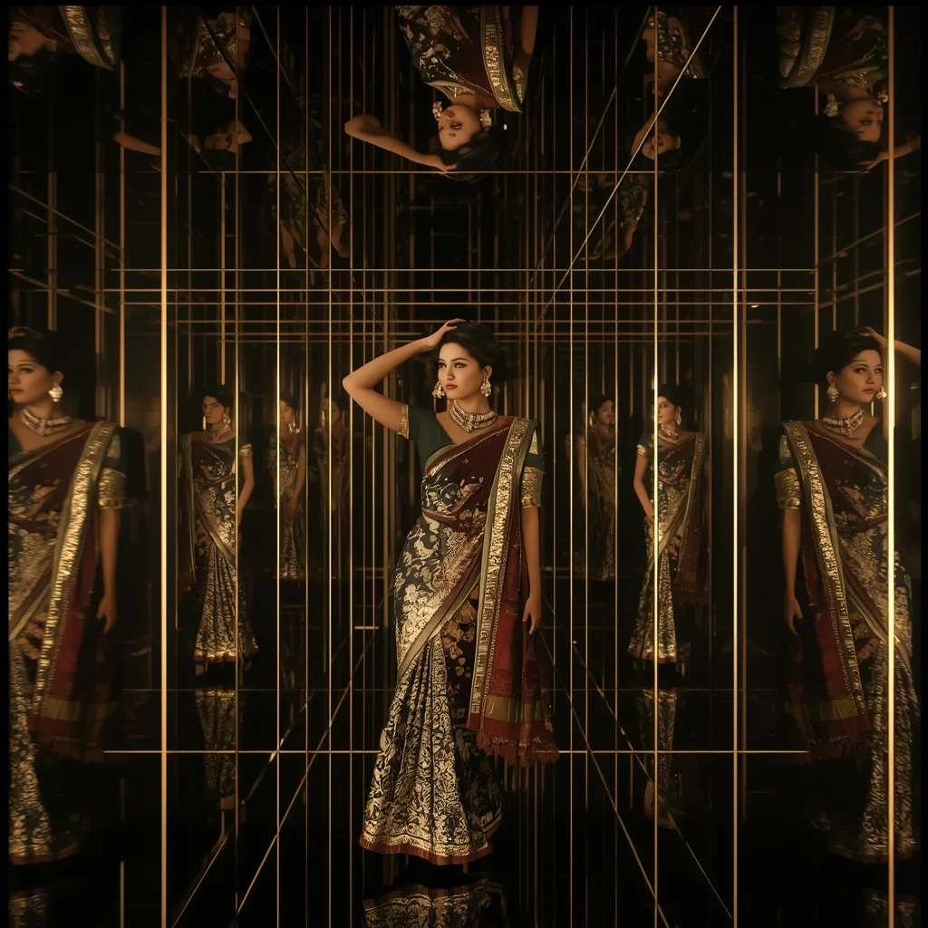 Infinity Mirror Saree Collage Endless Reflection Luxury Cinematic Fashion Concept | Saree Prompt Text To Image - Girl Prompt
