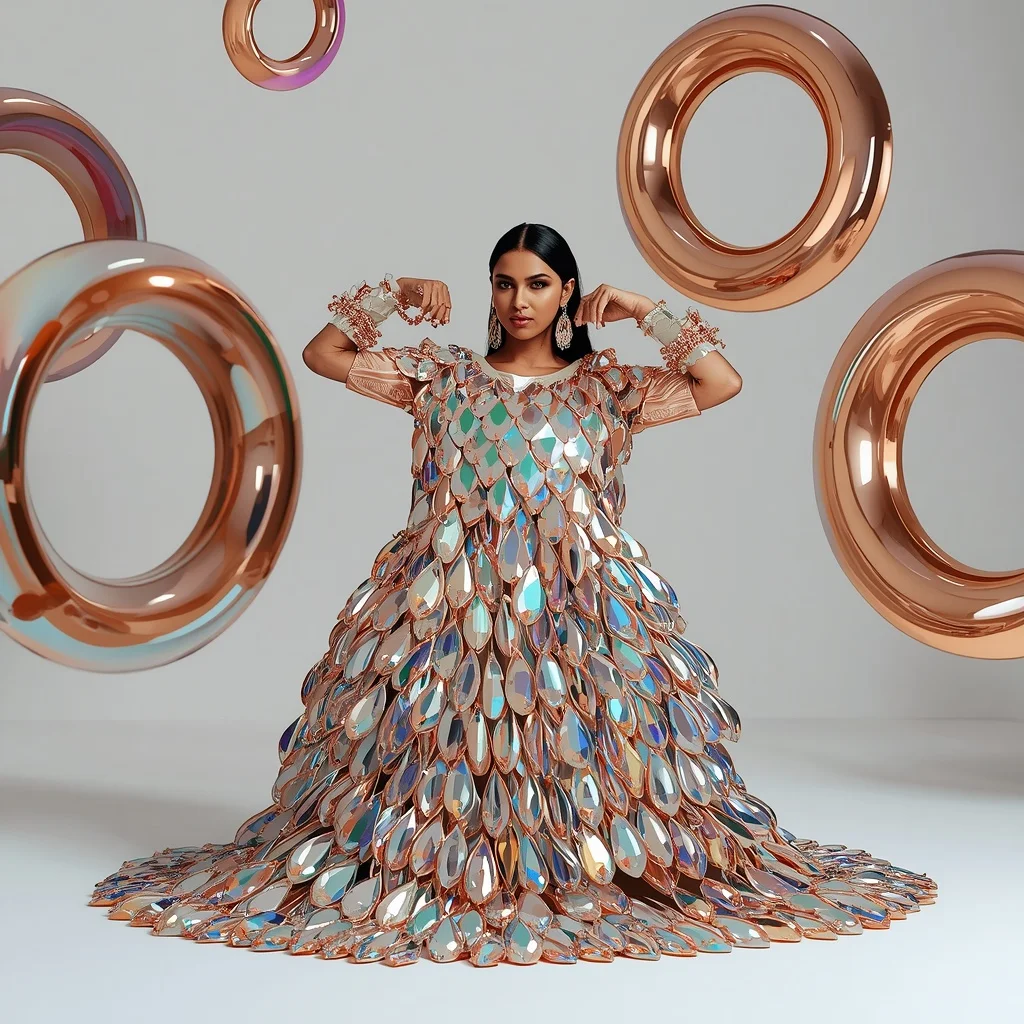 Liquid Chrome Silk & Massive Glass Teardrop Saree | Kneeling Defensive Block Pose | Floating Molten Copper Rings | Gemini Photo Prompt - Girl Prompt