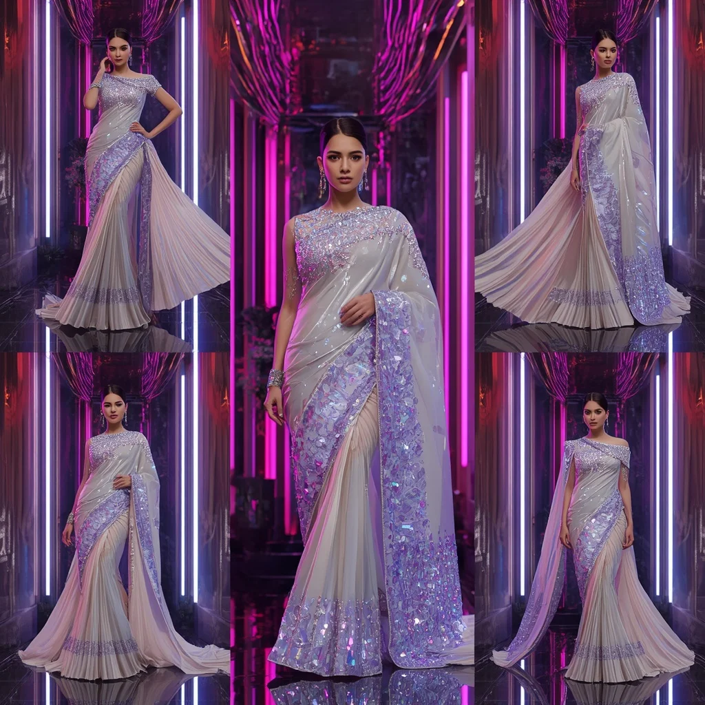 Lunar Prism Couture Saree with Neon Ribbon Infinity Crystal Empire | Saree Ai Prompt - Girl Prompt