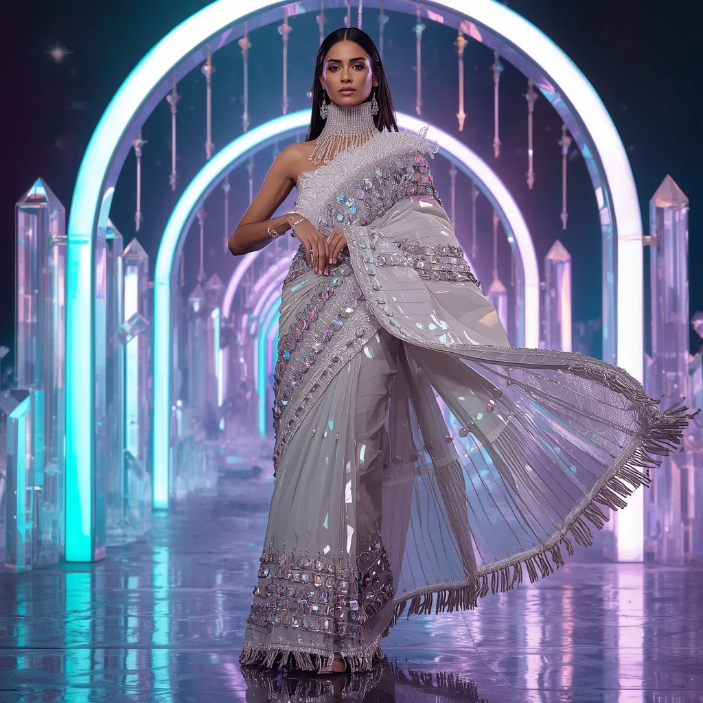 Lunar Prism Liquid Mirror Saree with Neon Arc Crystal Empire | Secret Ai Prompt - Girl Prompt