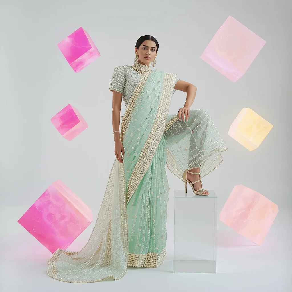 Massive Frosted Glass Block & Thick Pearl Net Pastel Mint Saree | High-Knee Acrylic Box Pose | Viral Instagram Ai Prompt - Girl Prompt