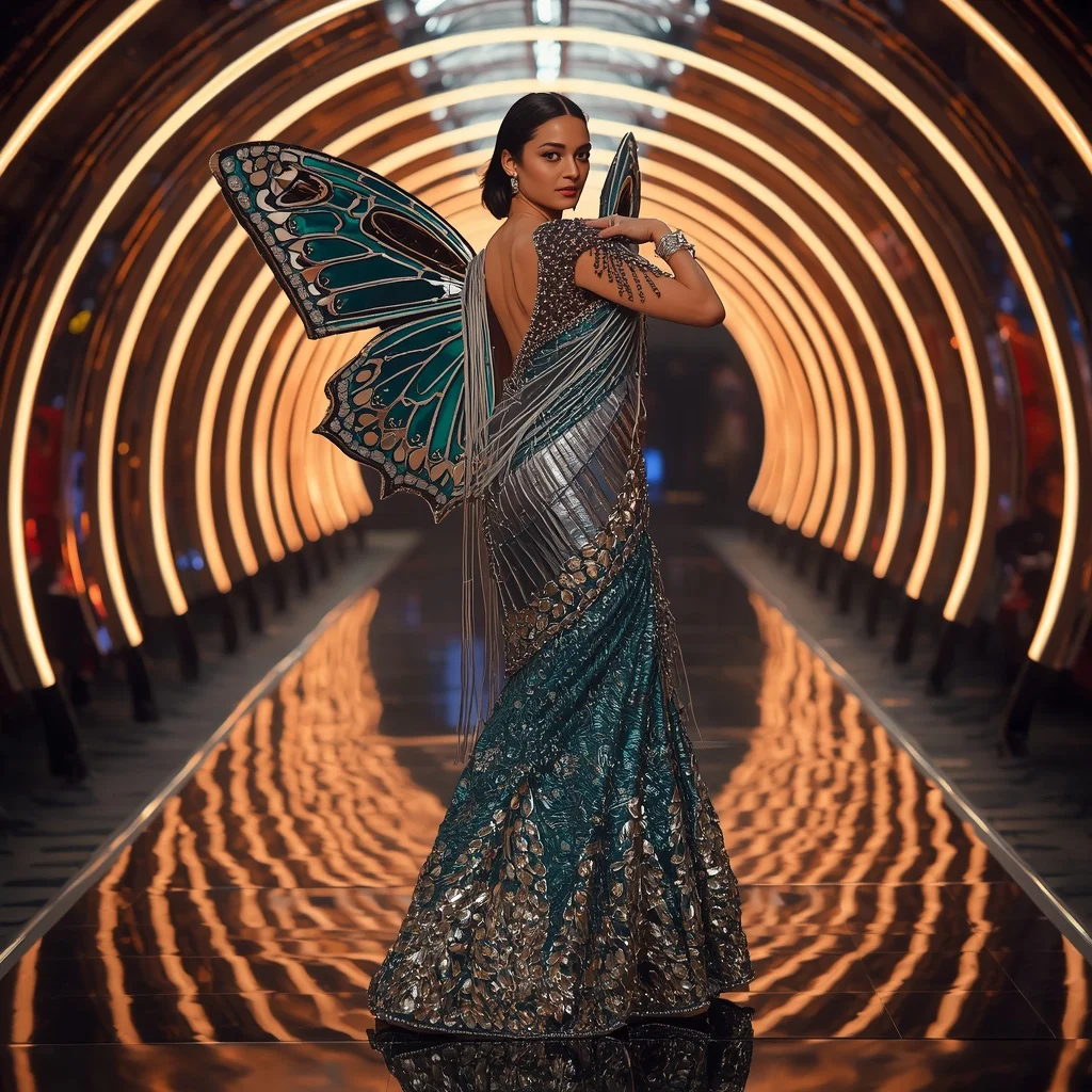 Metallic Butterfly Armor Saree with Futuristic Tunnel Lights | Instagram Viral Photo Prompt - Girl Prompt
