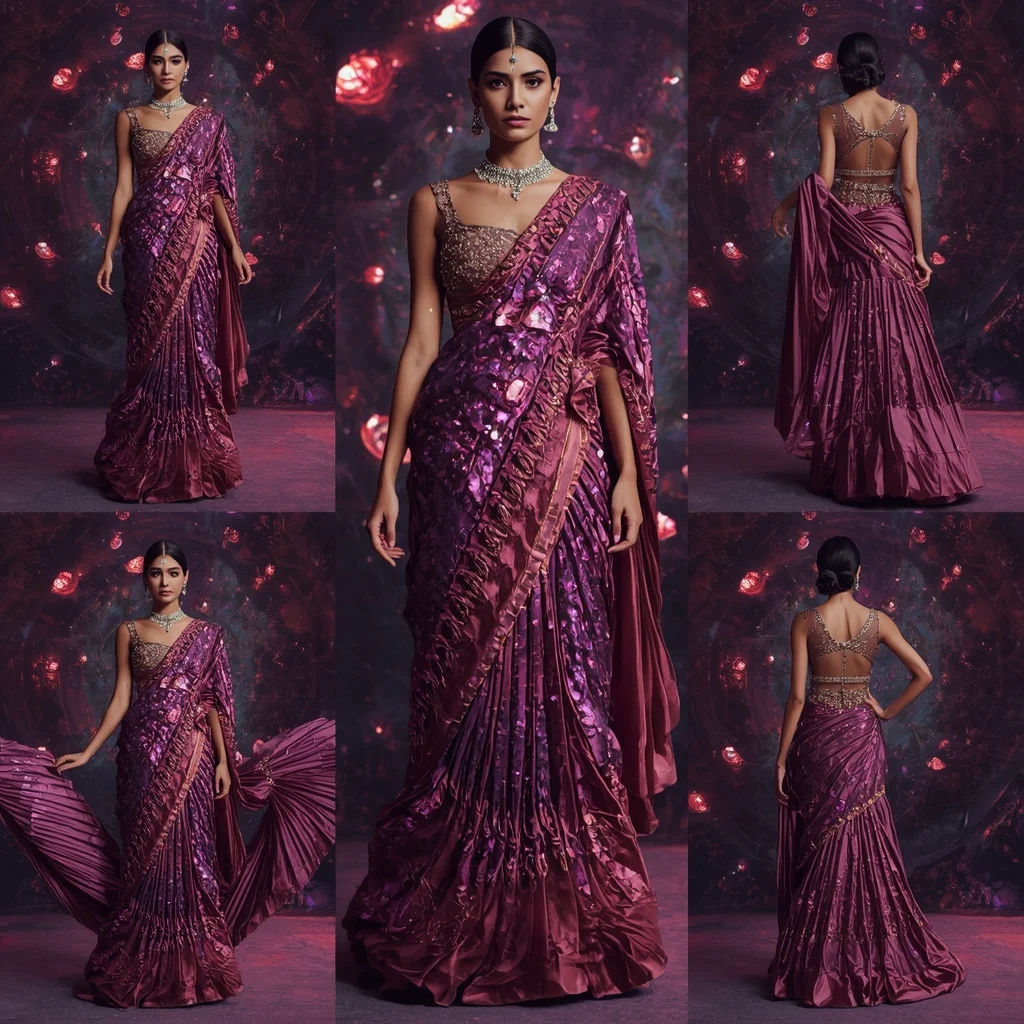 Metallic Plum Aurora Saree with Spiral Galaxy Chambers | Travel Ai Prompt - Girl Prompt