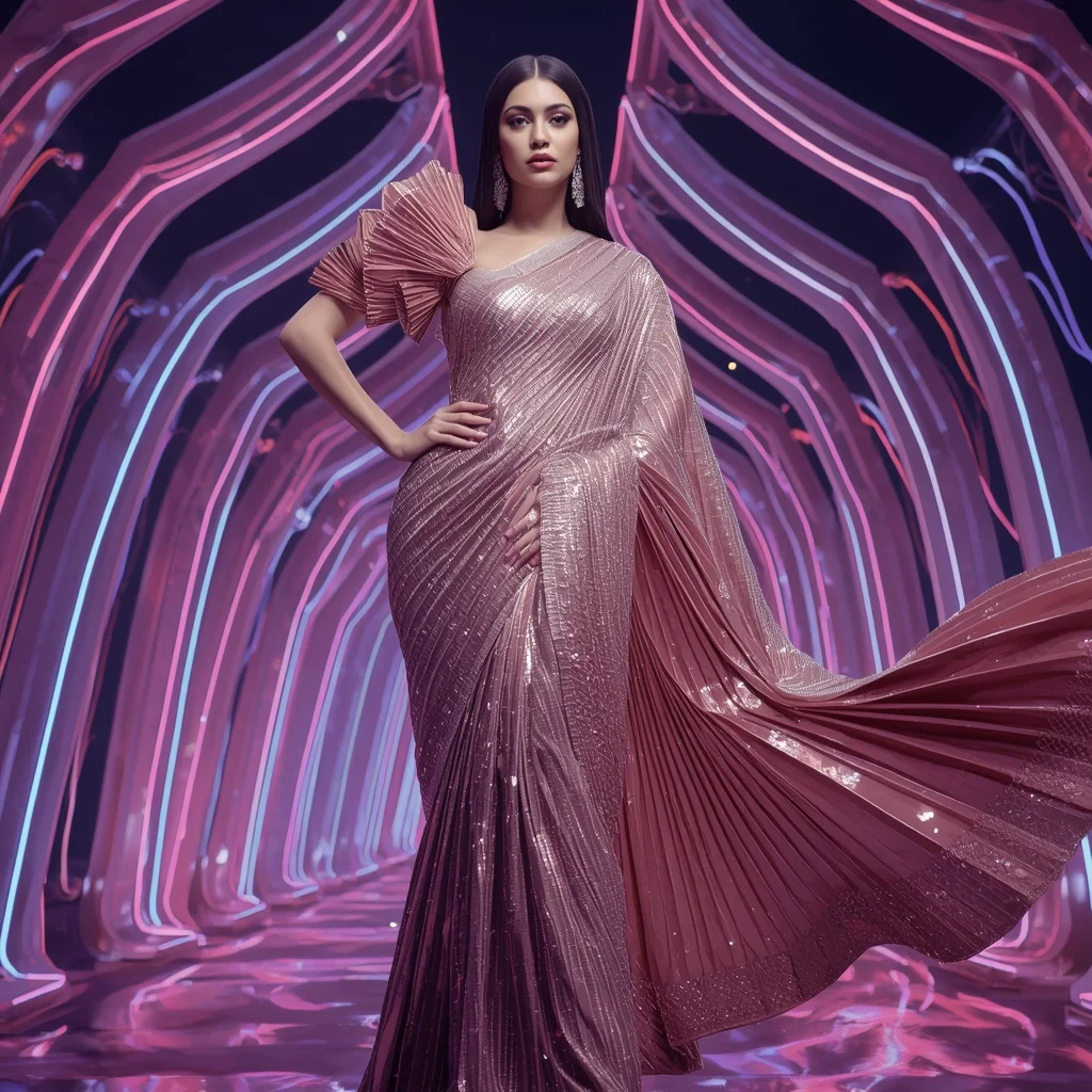 Metallic Rose Fantasy Saree with Neon Ribbon Architecture | Ai Girl Image Prompt - Girl Prompt