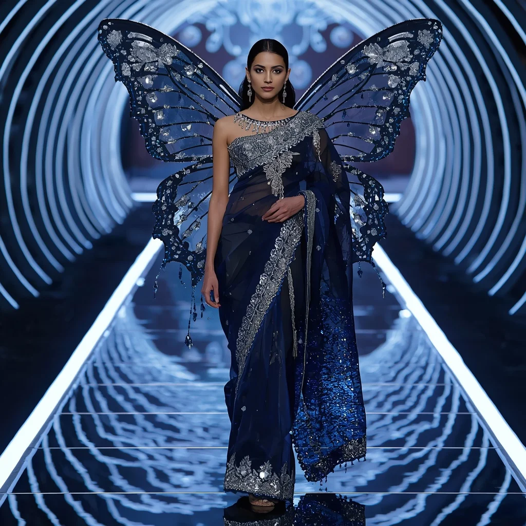 Midnight Butterfly Mirror Saree with Infinite Neon Runway | Ai Image Prompt - Girl Prompt