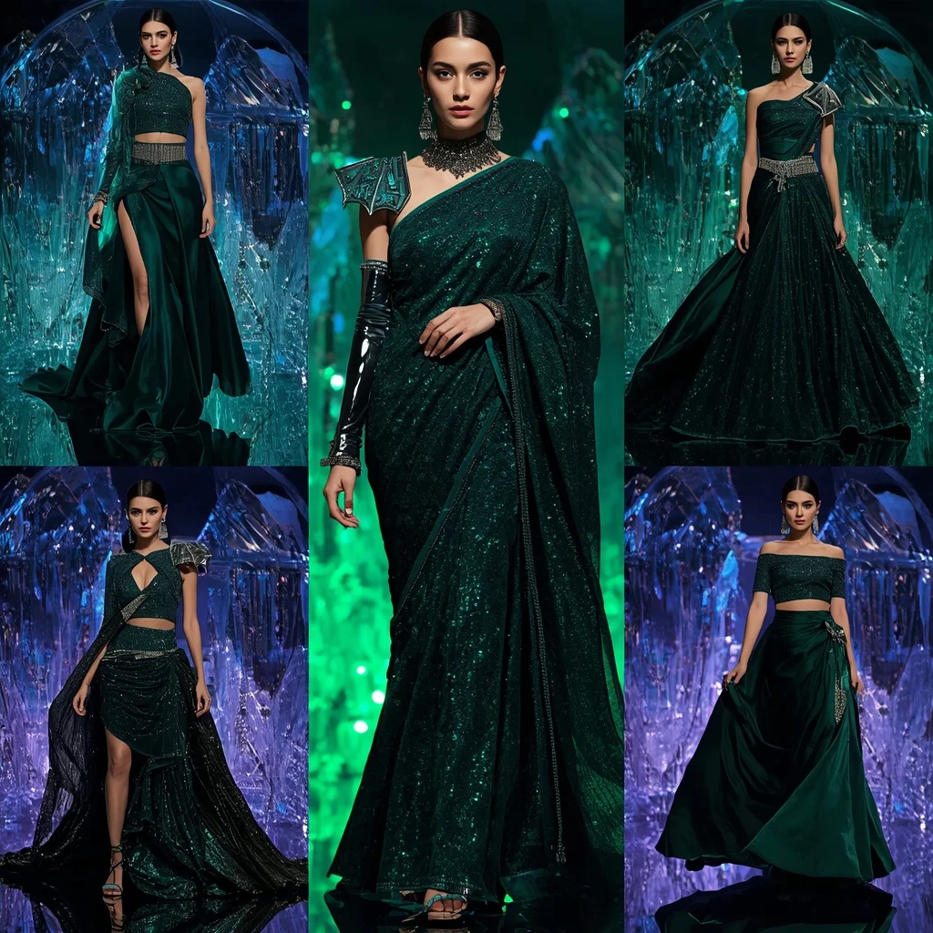 Midnight Emerald Fantasy Saree with Crystal Reflection Domes | Ai Prompt For Reels - Girl Prompt