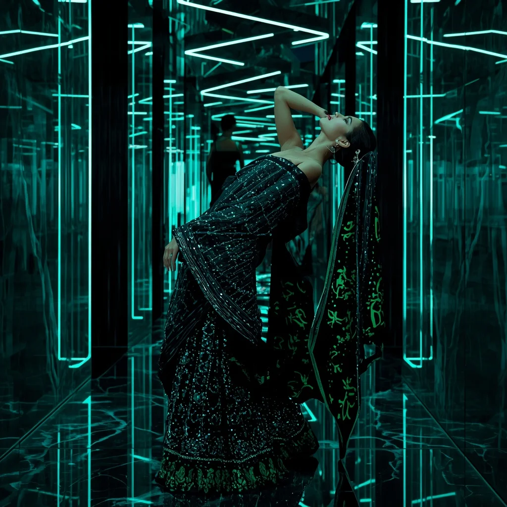 Midnight Halo Saree with Digital Reflection Orbit Hallways | Anime Ai Prompt - Girl Prompt