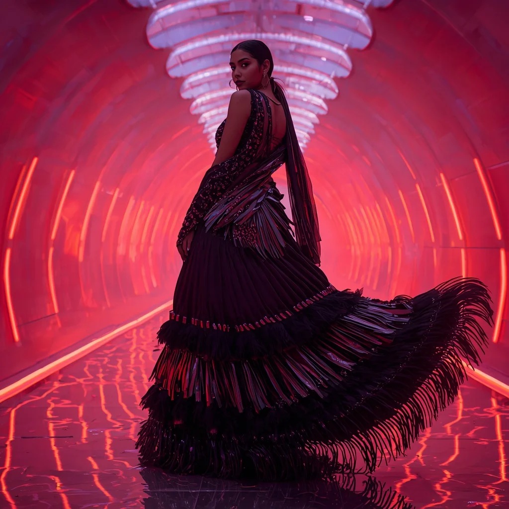 Midnight Lava Armor Saree with Holographic Dome Passage | Midjourney V6 Girl Prompt - Girl Prompt