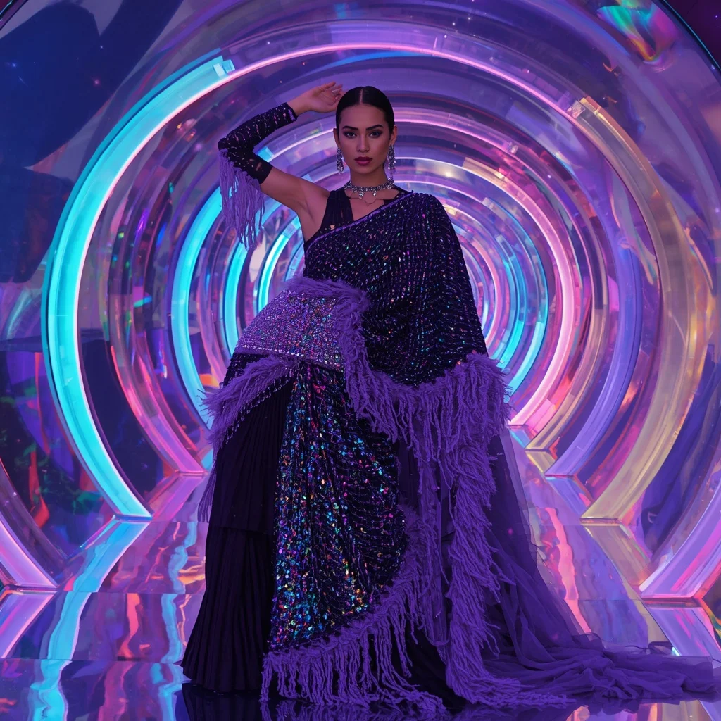 Midnight Prism Empress Saree with Infinity Neon Crystal Spiral Observatory | Desi Saree Ai Prompt - Girl Prompt