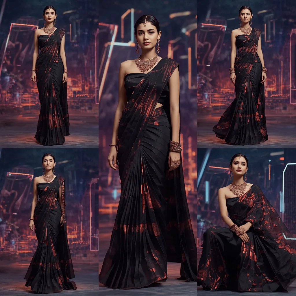 Midnight Prism Thunder Saree with Floating Digital Cubes | Attitude Ai Prompt - Girl Prompt