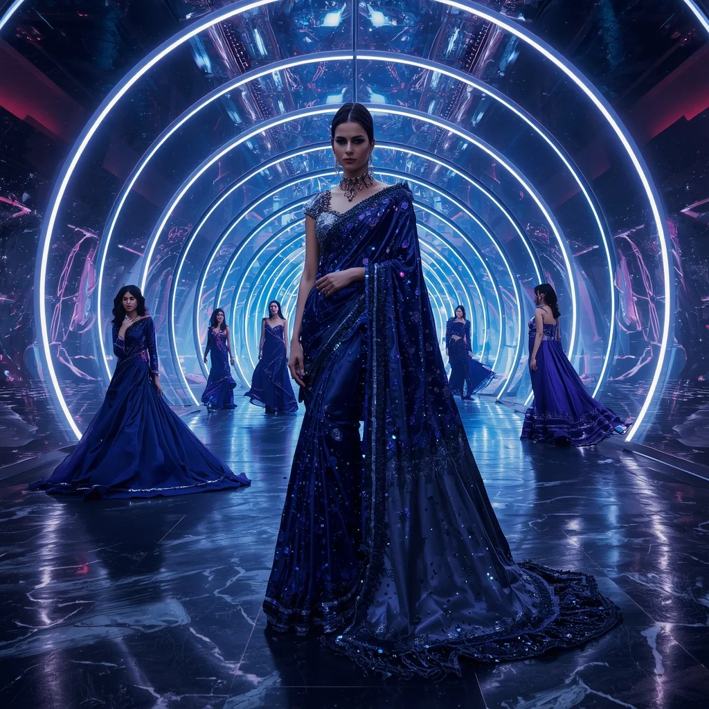 Midnight Sapphire Cosmic Saree with Neon Orbit Infinity Galaxy Hall | Ai Portrait Prompt - Girl Prompt