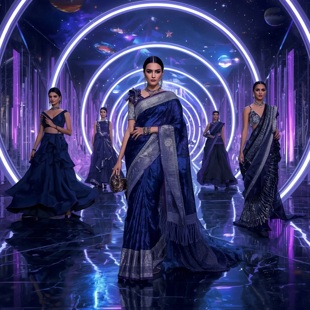 Midnight Sapphire Cosmic Saree with Neon Orbit Infinity Palace | Romantic Ai Prompt - Girl Prompt